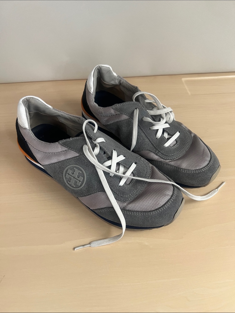 Tory Burch Men’s Gray Mesh & Suede Sneakers with Orange Accent